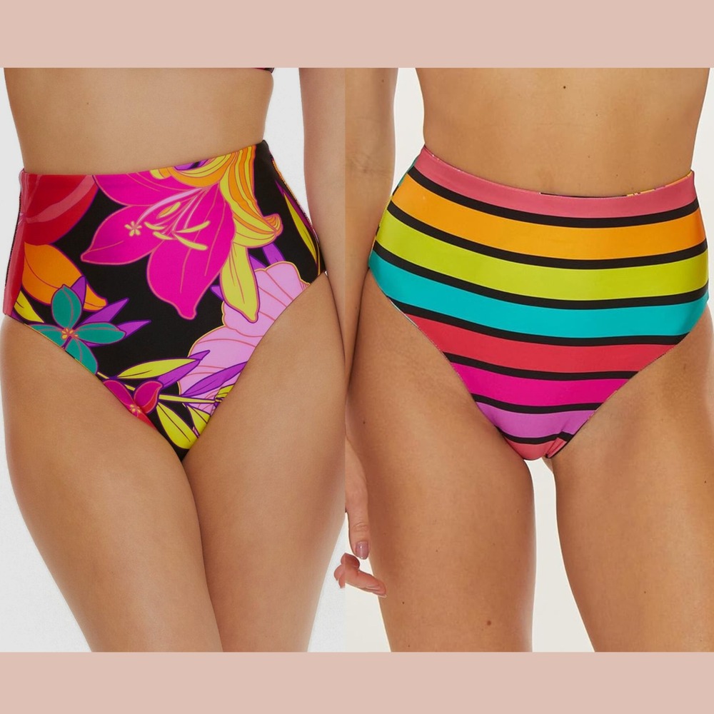 NEW Trina Turk [ 6 ] Pink Solar Floral Reversible High Waist Bikini Bottom u1491